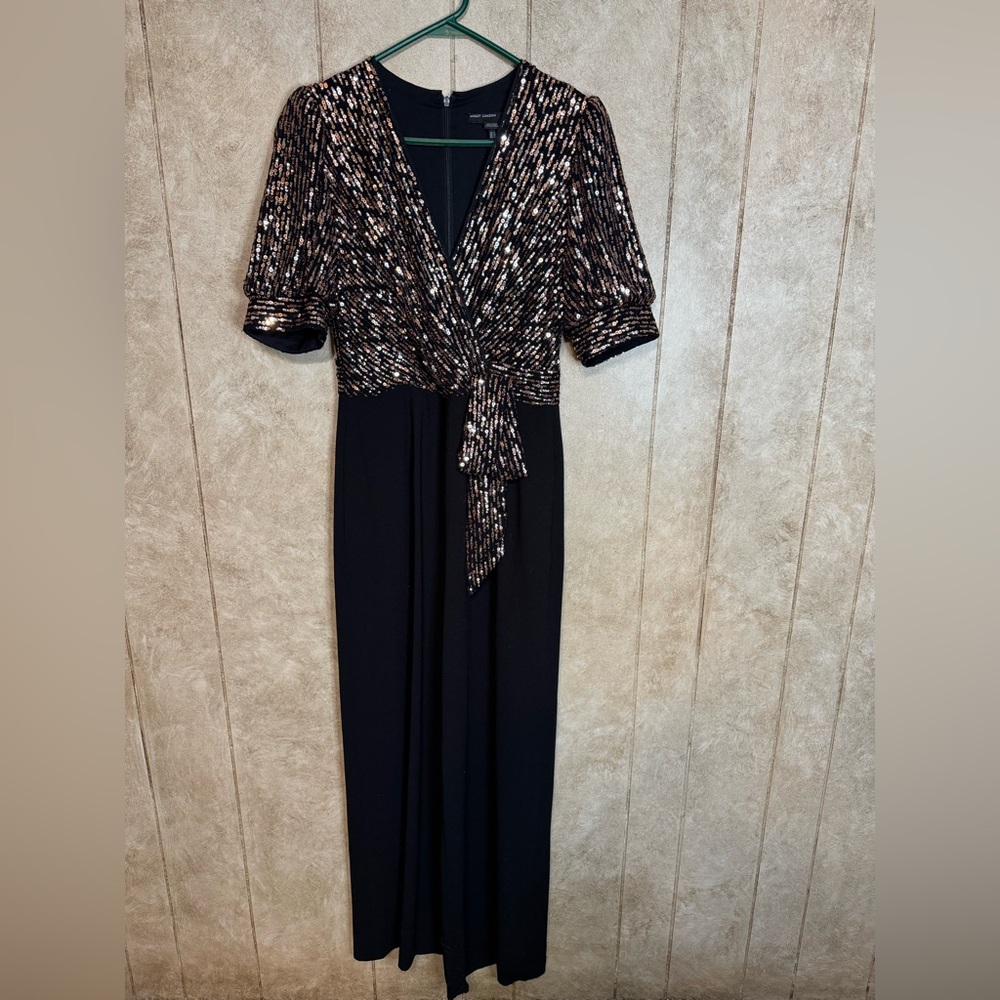 Maggy London Puff Sleeve Sequin top, wide leg jumpsuit, Black and Gold